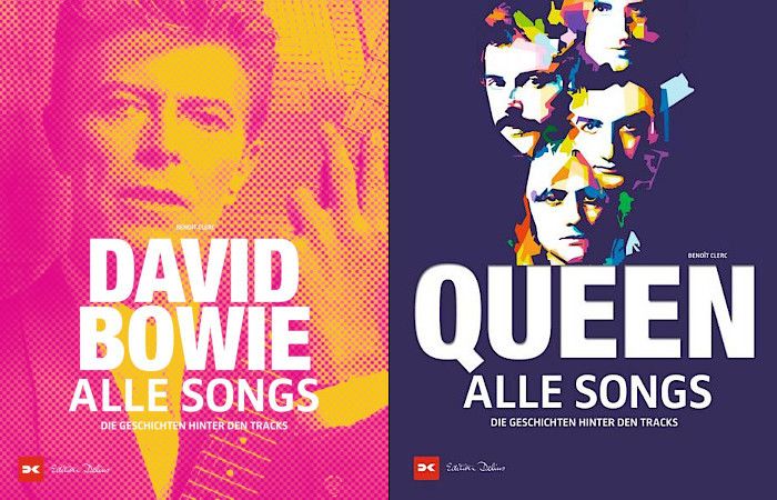 Cover der Benoît Clerc-Bücher "Queen — Alle Songs: Die Geschichten hinter den Tracks" und "David Bowie — Alle Songs: Die Geschichten hinter den Tracks".