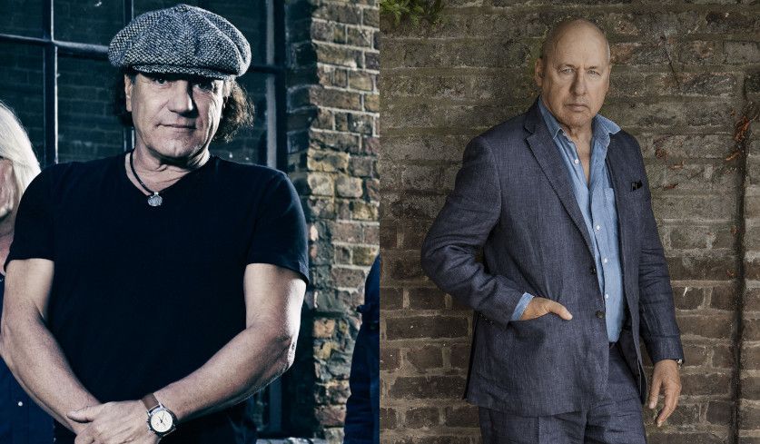 Fotos von Brian Johnson (von James Minchin) und Mark Knopfler (Universal Music).